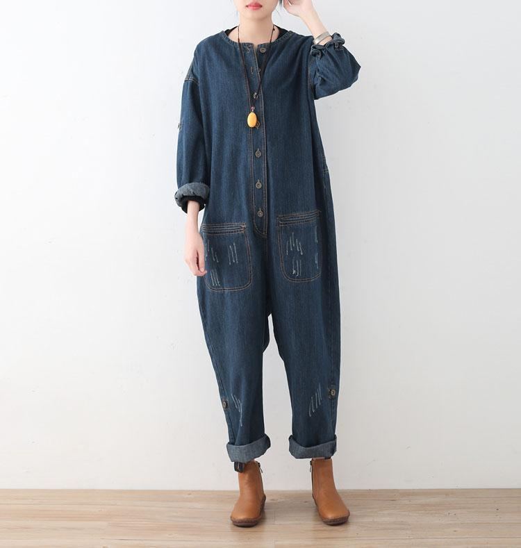 Spring Lös Stor Storlek Långärmad Blå Denim Bomullsverktyg Jumpsuits