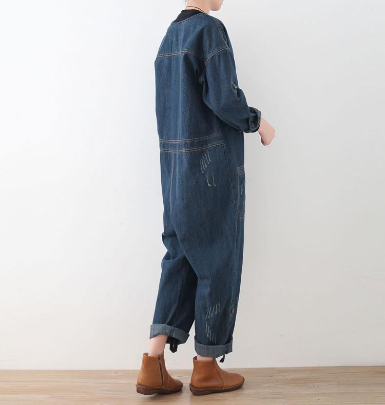 Spring Lös Stor Storlek Långärmad Blå Denim Bomullsverktyg Jumpsuits