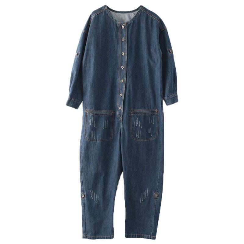 Spring Lös Stor Storlek Långärmad Blå Denim Bomullsverktyg Jumpsuits