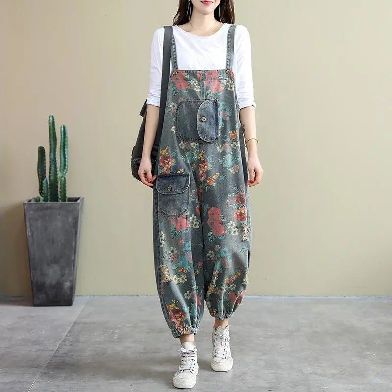 Spring Loose Floral Ripped Ficks Cotton Denim Jumpsuit