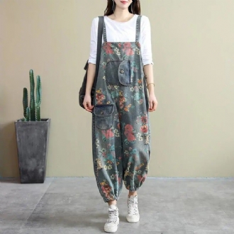 Spring Loose Floral Ripped Ficks Cotton Denim Jumpsuit