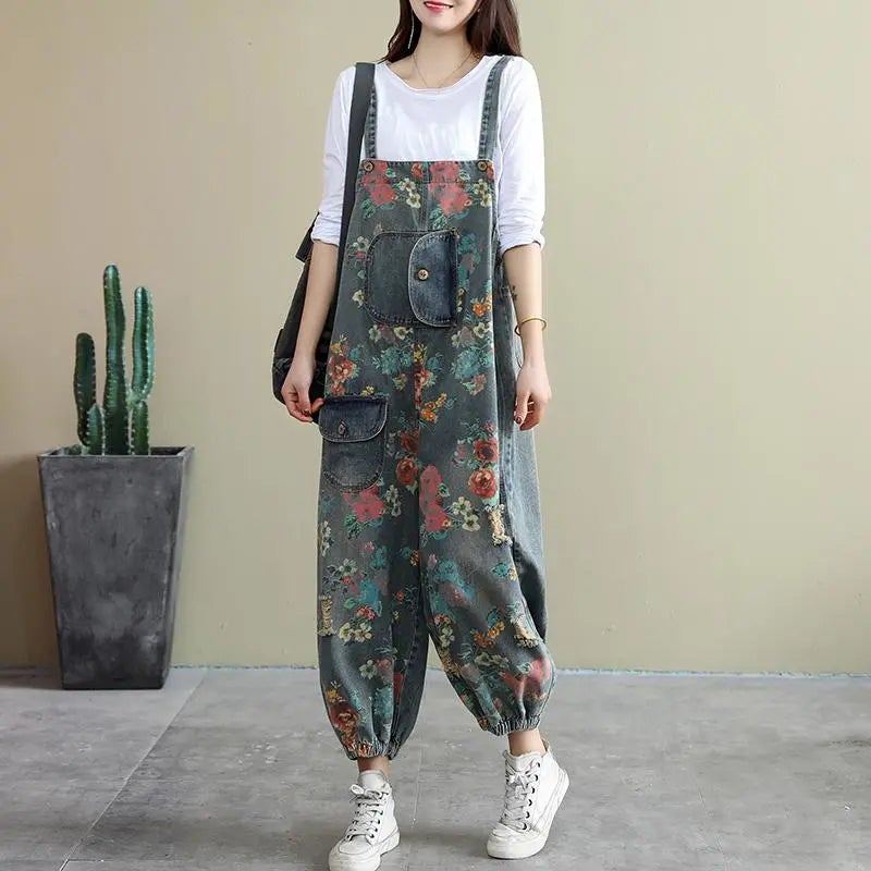 Spring Loose Floral Ripped Ficks Cotton Denim Jumpsuit