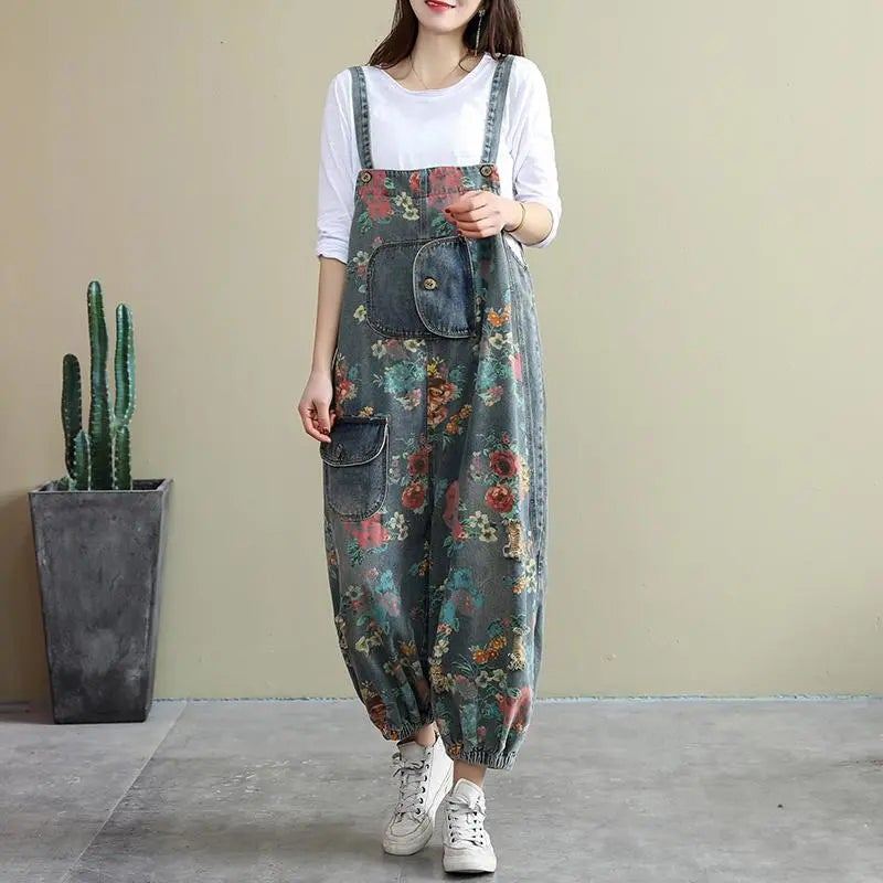 Spring Loose Floral Ripped Ficks Cotton Denim Jumpsuit