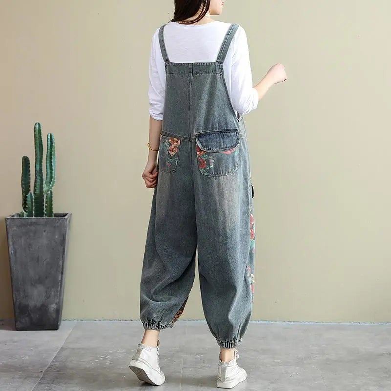 Spring Loose Floral Ripped Ficks Cotton Denim Jumpsuit