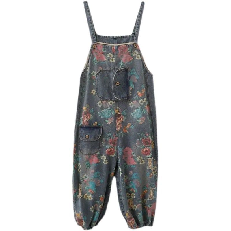 Spring Loose Floral Ripped Ficks Cotton Denim Jumpsuit