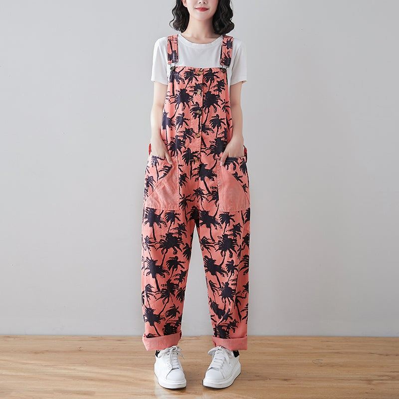 Spring Retro Plants Print Lös Denim Jumpsuit