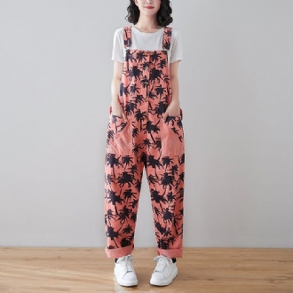 Spring Retro Plants Print Lös Denim Jumpsuit