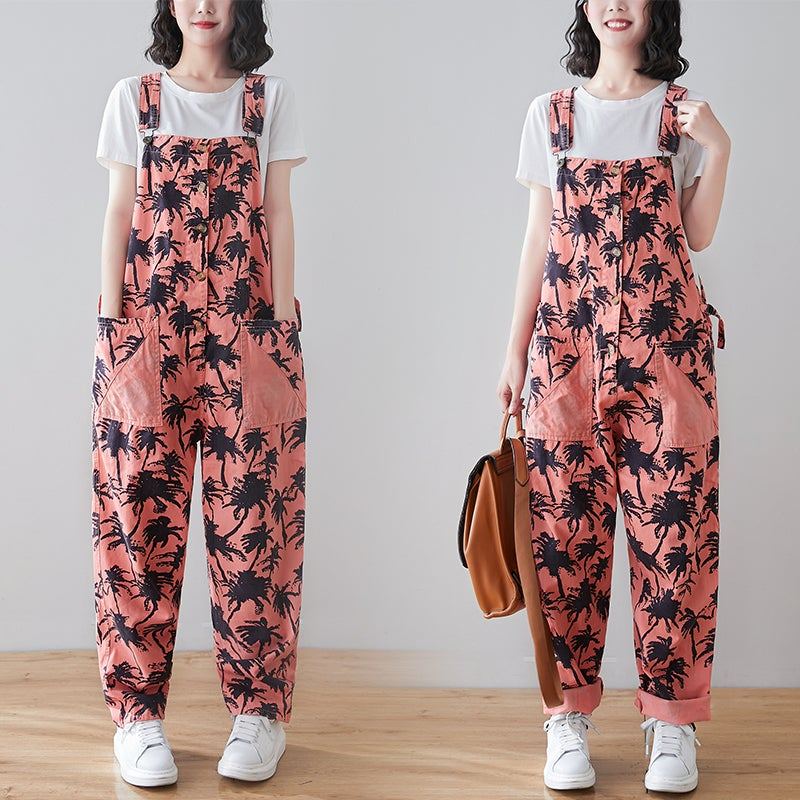 Spring Retro Plants Print Lös Denim Jumpsuit