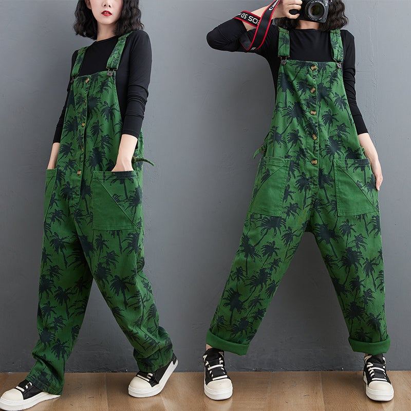 Spring Retro Plants Print Lös Denim Jumpsuit