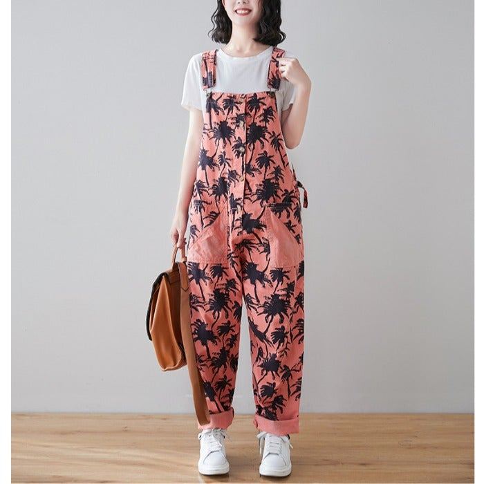 Spring Retro Plants Print Lös Denim Jumpsuit