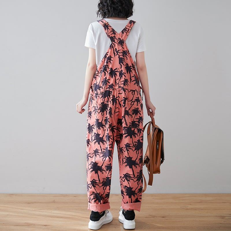 Spring Retro Plants Print Lös Denim Jumpsuit