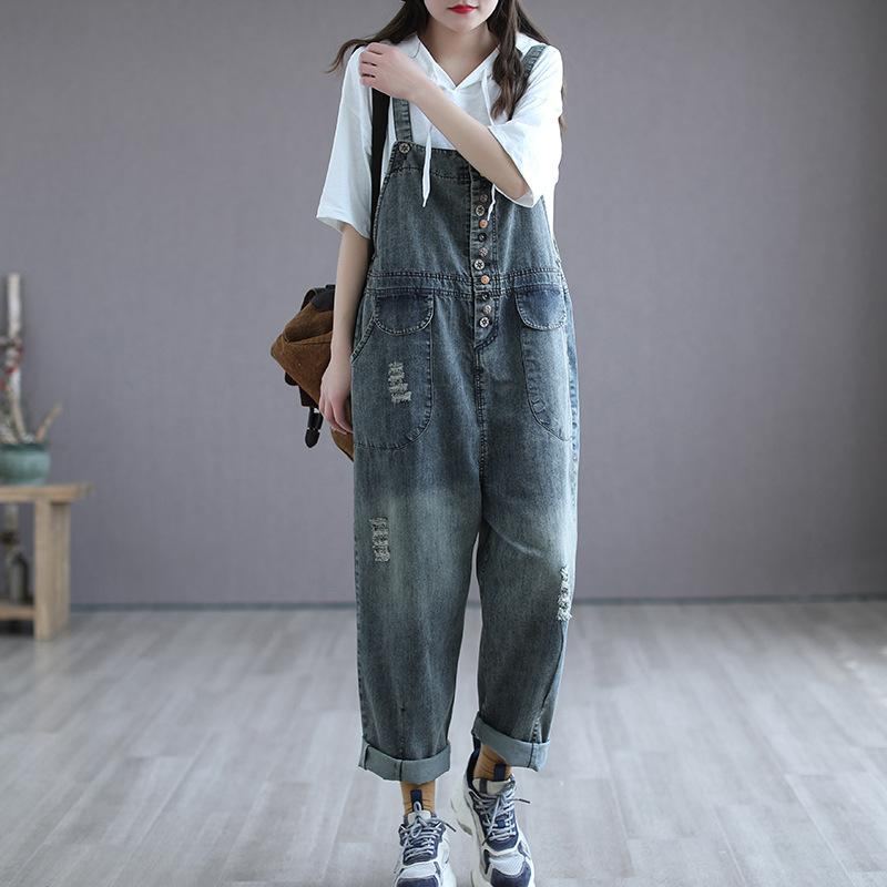 Summer Retro Tunn Träknapp Denim Jumpsuit