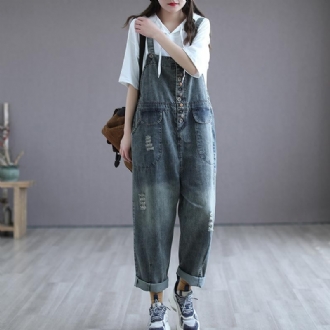 Summer Retro Tunn Träknapp Denim Jumpsuit