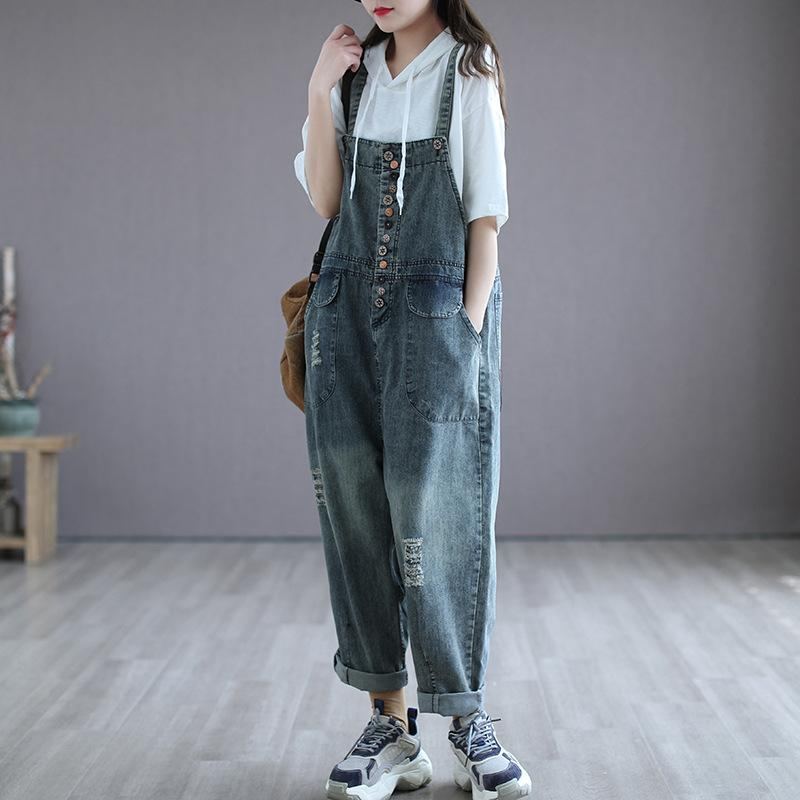 Summer Retro Tunn Träknapp Denim Jumpsuit