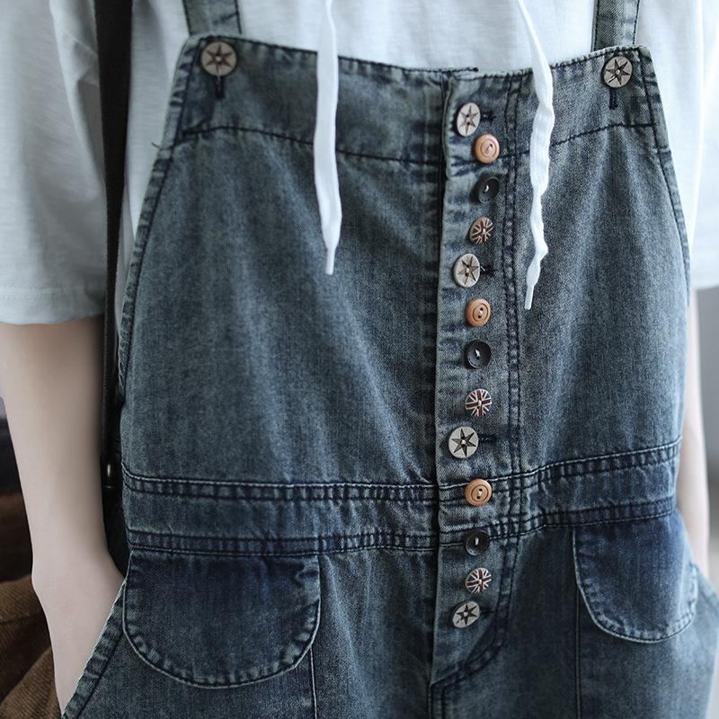 Summer Retro Tunn Träknapp Denim Jumpsuit