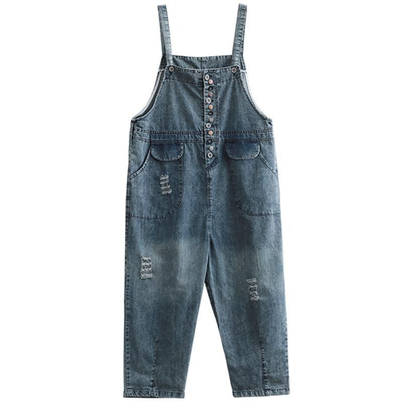 Summer Retro Tunn Träknapp Denim Jumpsuit