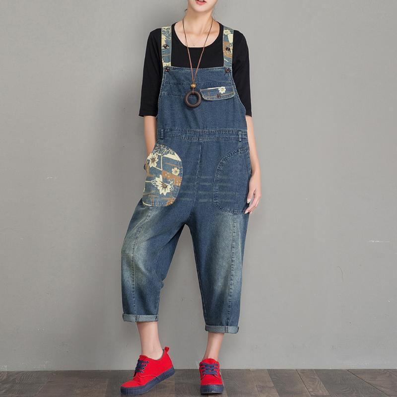 Vår Höst Denim Lös Retro Patch Jumpsuit