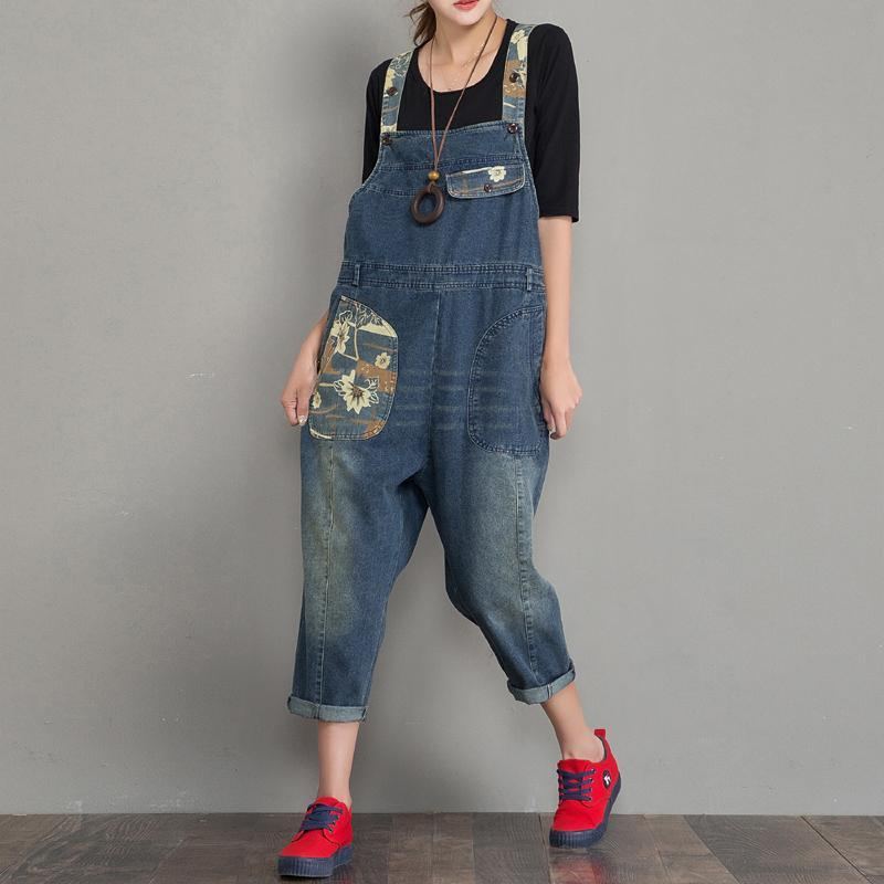 Vår Höst Denim Lös Retro Patch Jumpsuit