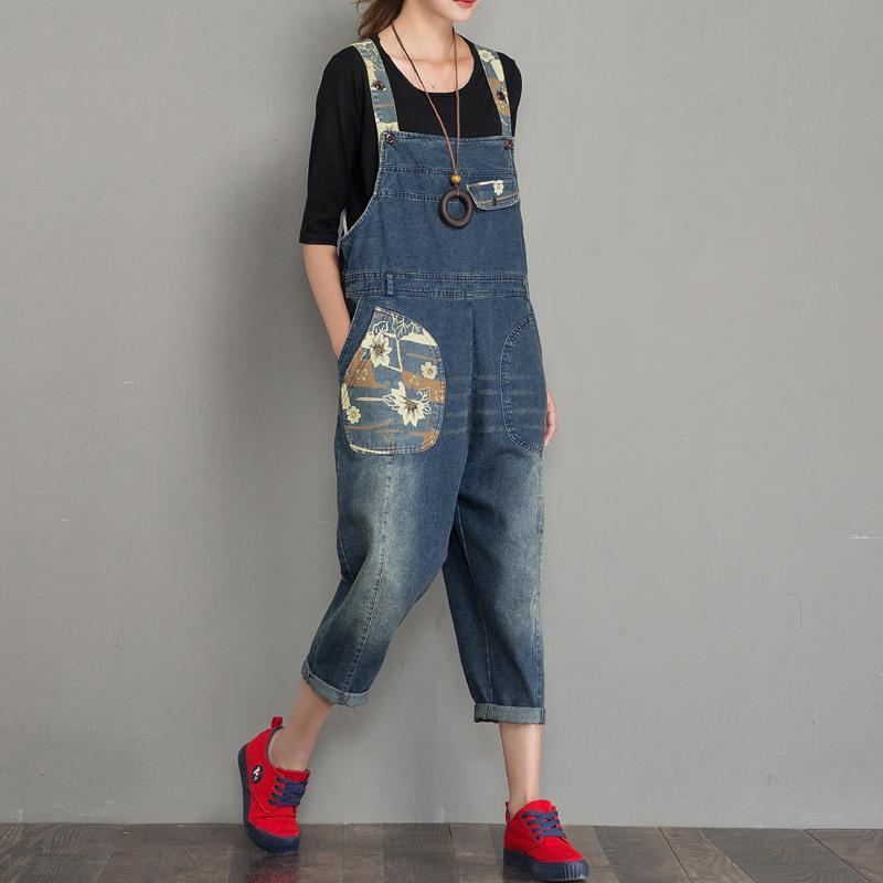 Vår Höst Denim Lös Retro Patch Jumpsuit