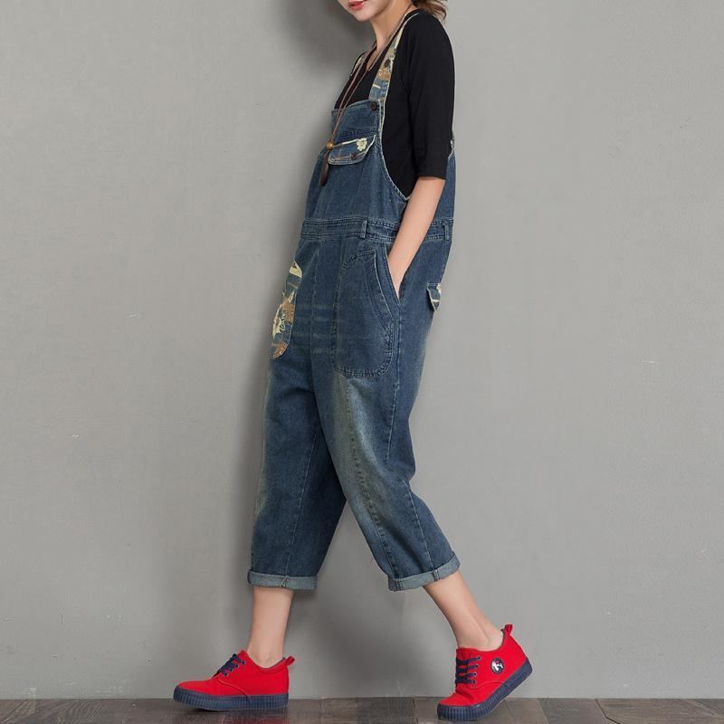 Vår Höst Denim Lös Retro Patch Jumpsuit