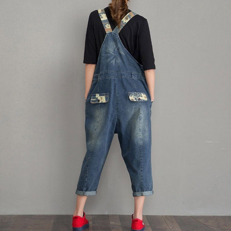 Vår Höst Denim Lös Retro Patch Jumpsuit