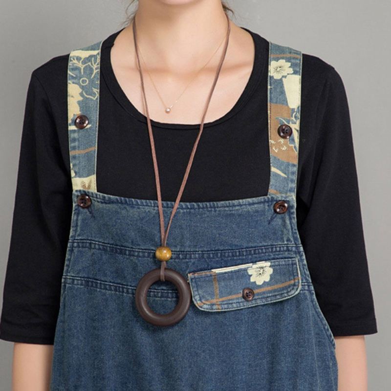 Vår Höst Denim Lös Retro Patch Jumpsuit