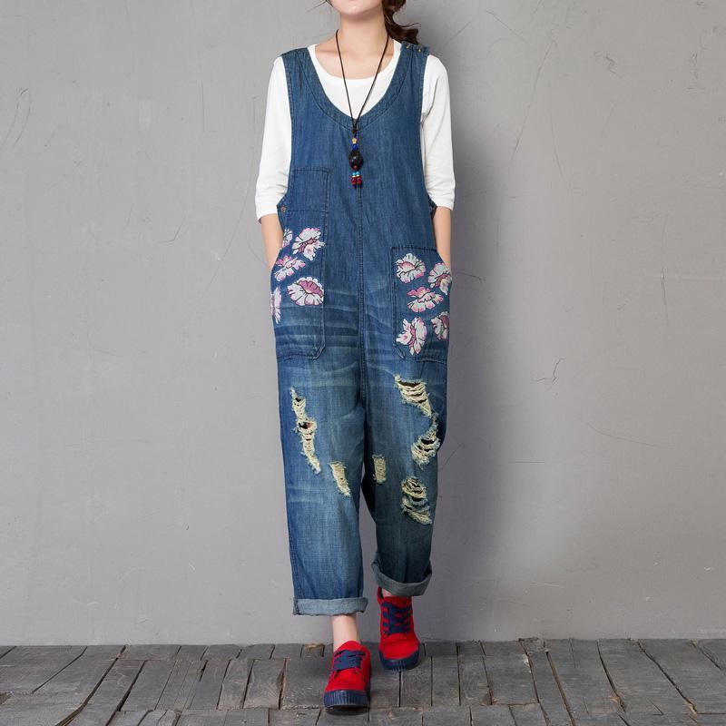 Vår Höst Denim Löstryck Ärmlös Jumpsuit