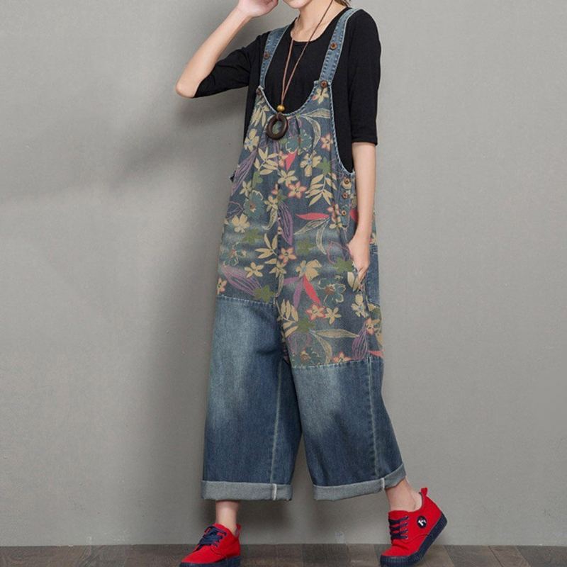 Vår Höst Denim Wide Leg Loose Retro Straight Jumpsuit