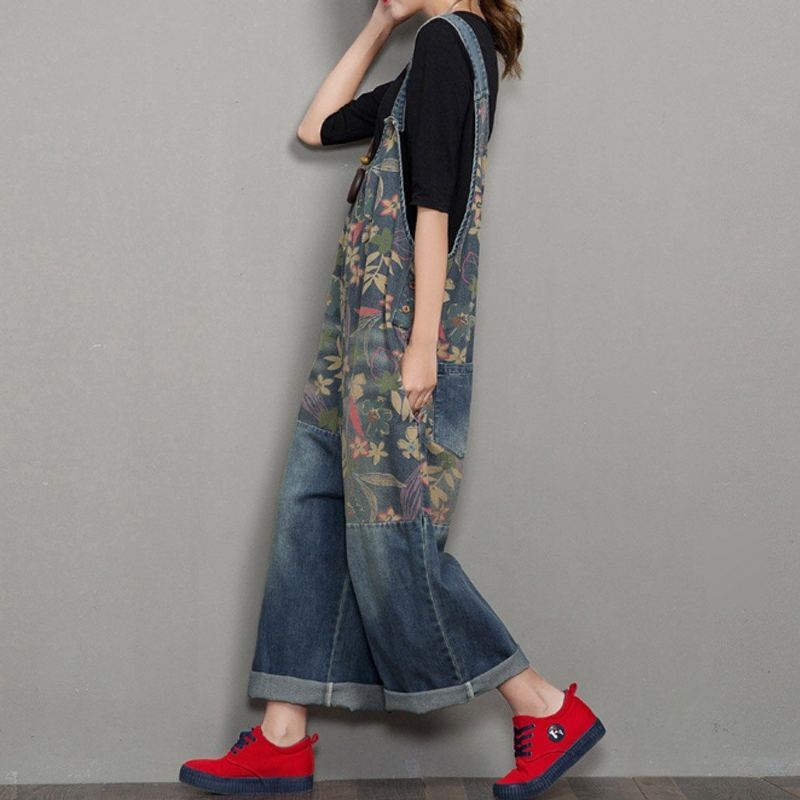 Vår Höst Denim Wide Leg Loose Retro Straight Jumpsuit