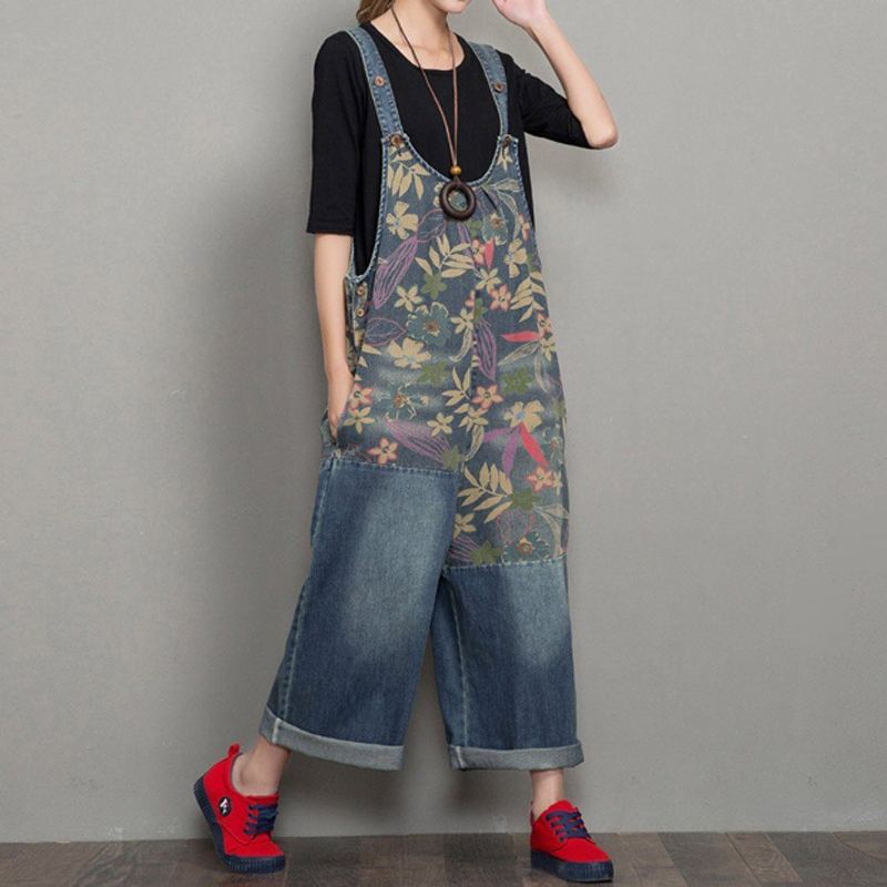 Vår Höst Denim Wide Leg Loose Retro Straight Jumpsuit