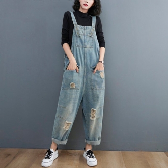 Vår Kvinnor Retro Lös Patchwork Ripped Denim Jumpsuit