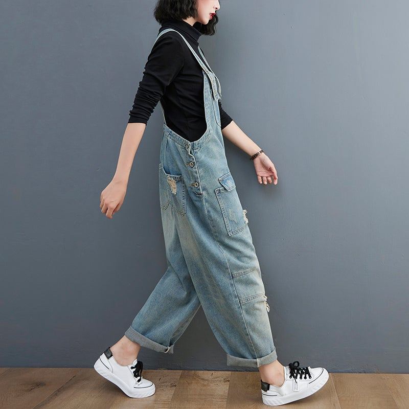 Vår Kvinnor Retro Lös Patchwork Ripped Denim Jumpsuit