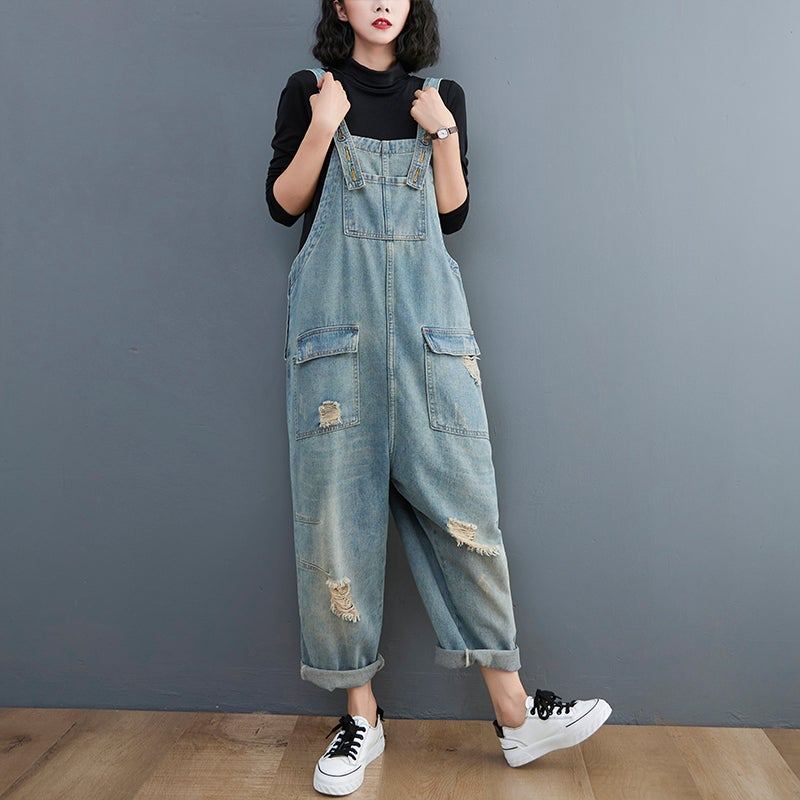 Vår Kvinnor Retro Lös Patchwork Ripped Denim Jumpsuit