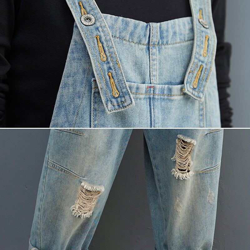 Vår Kvinnor Retro Lös Patchwork Ripped Denim Jumpsuit