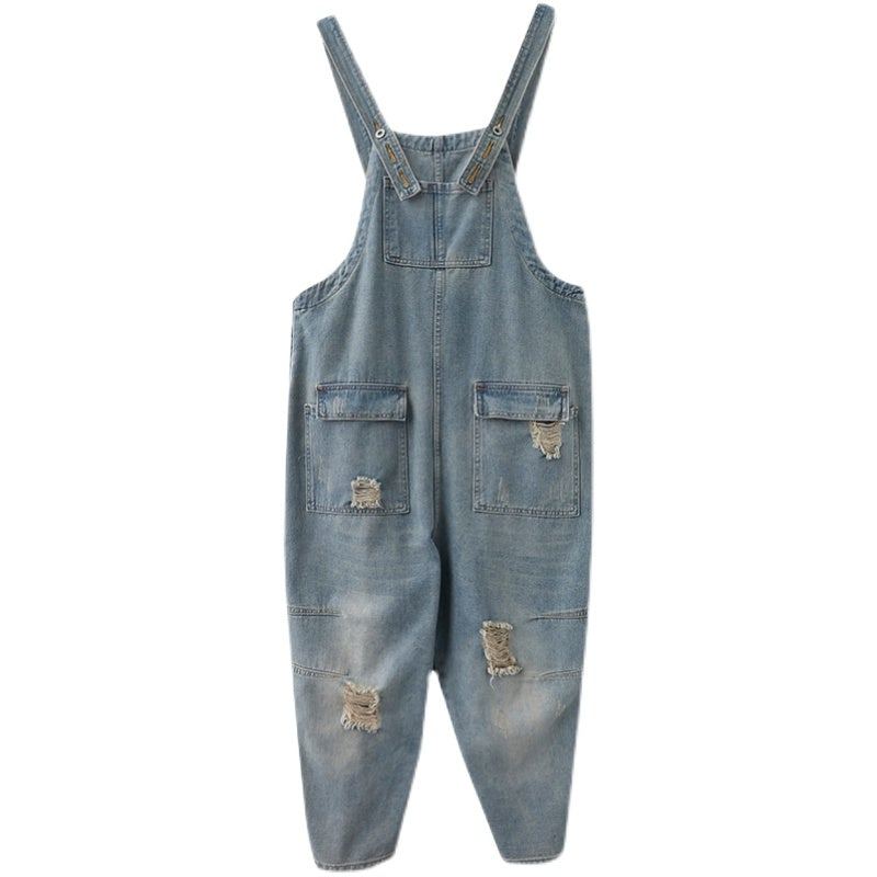 Vår Kvinnor Retro Lös Patchwork Ripped Denim Jumpsuit