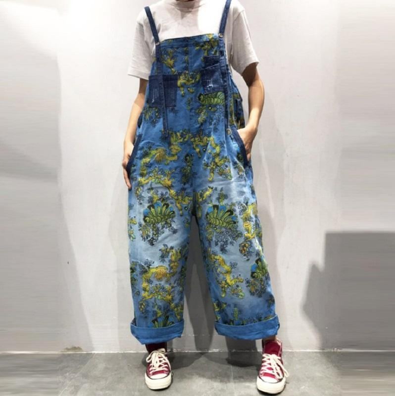 Vår Sommar Retro Löstryckt Blommig Denim Jumpsuit