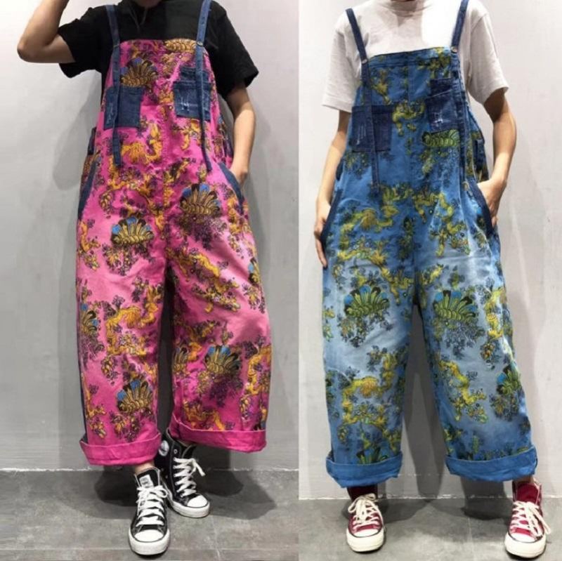 Vår Sommar Retro Löstryckt Blommig Denim Jumpsuit