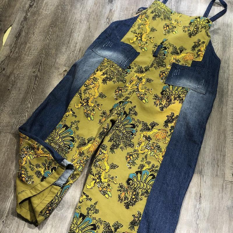 Vår Sommar Retro Löstryckt Blommig Denim Jumpsuit