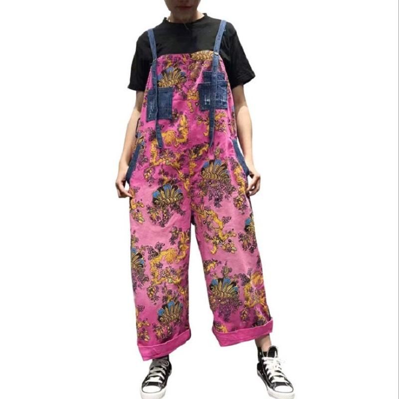 Vår Sommar Retro Löstryckt Blommig Denim Jumpsuit