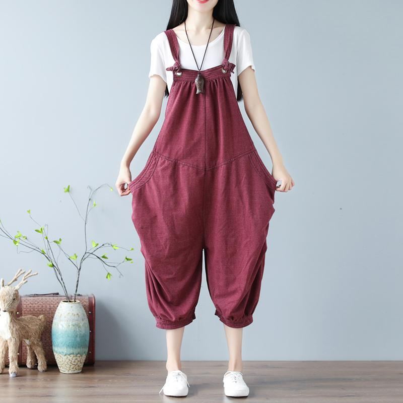 Vintage Wine Red Lantern Knitted Cotton Denim Jumpsuit