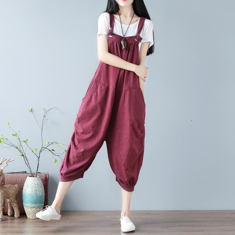 Vintage Wine Red Lantern Knitted Cotton Denim Jumpsuit