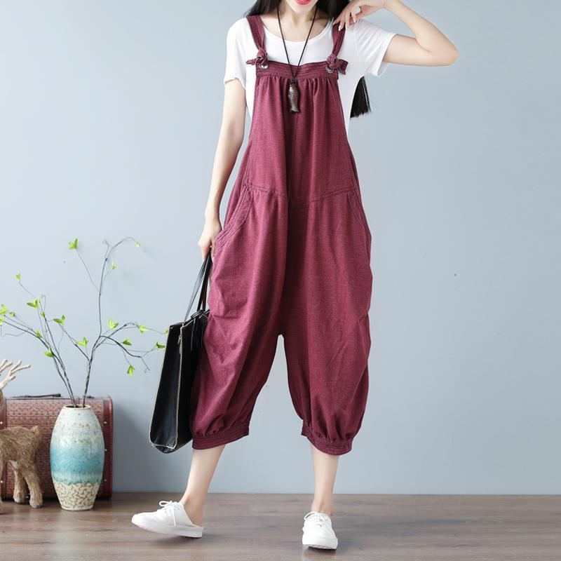 Vintage Wine Red Lantern Knitted Cotton Denim Jumpsuit