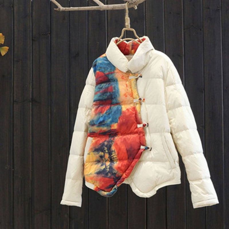 Print Stand Collar Down Coat