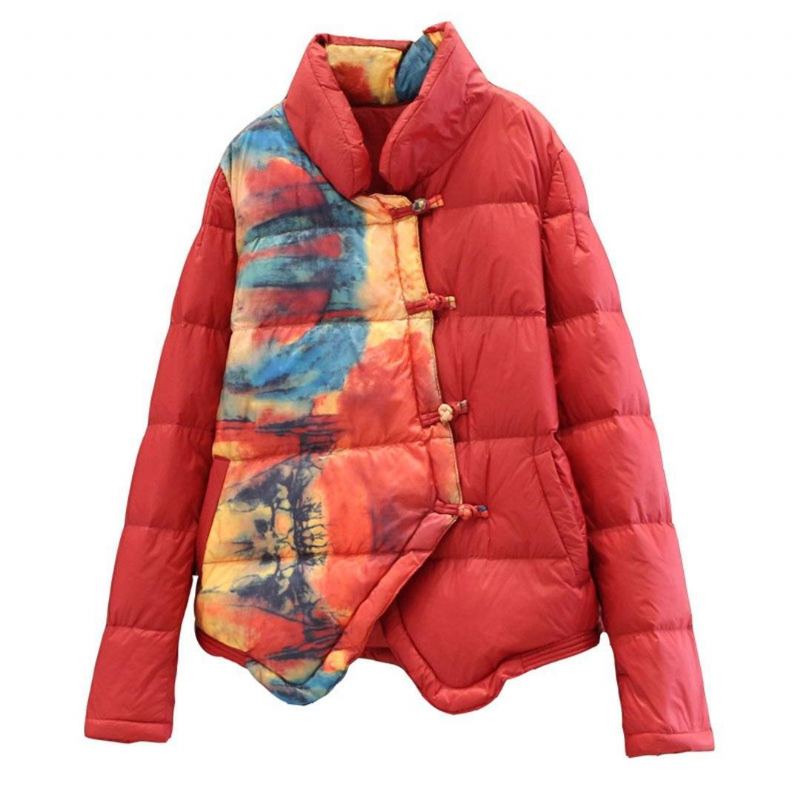 Print Stand Collar Down Coat