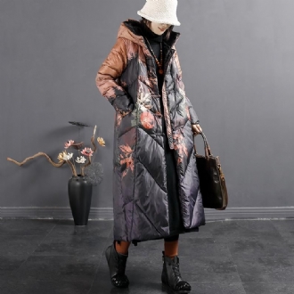 Vinter Retro Print Lös Hooded Down Overcoat