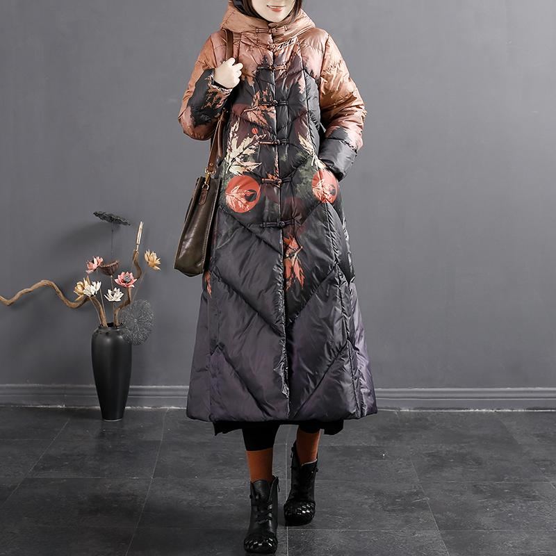 Vinter Retro Print Lös Hooded Down Overcoat