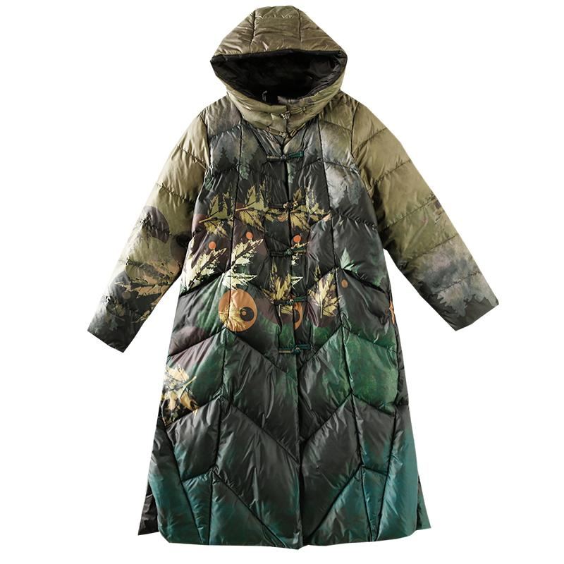 Vinter Retro Print Lös Hooded Down Overcoat