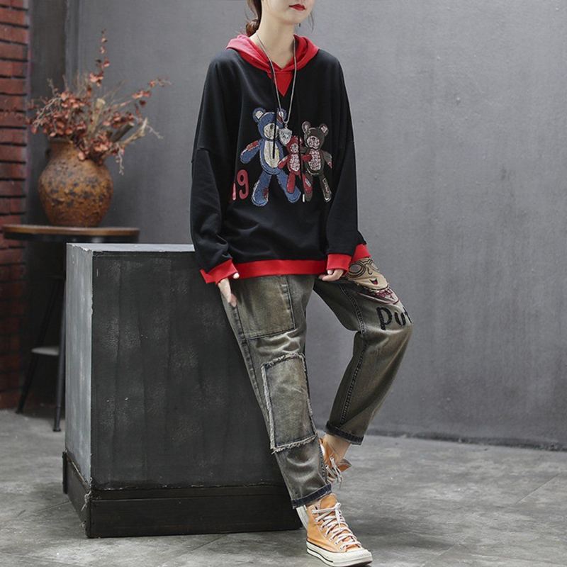 Bear Printed Casual Long Sleeve Hoodie