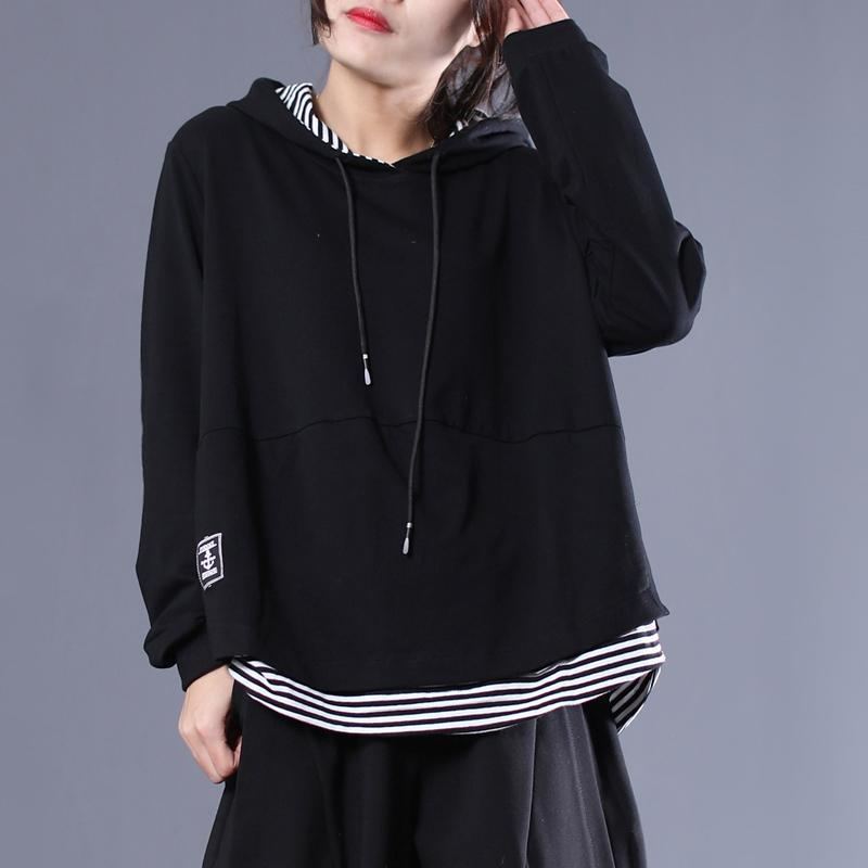 Black Stripe Patchwork Casual Pullover Hoodie