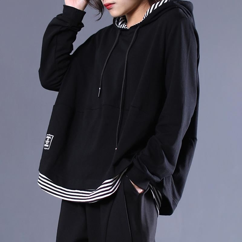 Black Stripe Patchwork Casual Pullover Hoodie